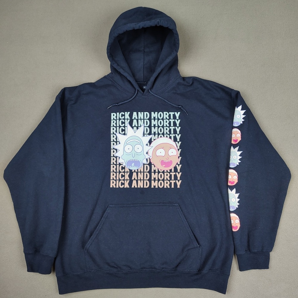 Rick & Morty Hoodie Men XL Navy Graphic Print Popover Adult Swim Cartoon Network